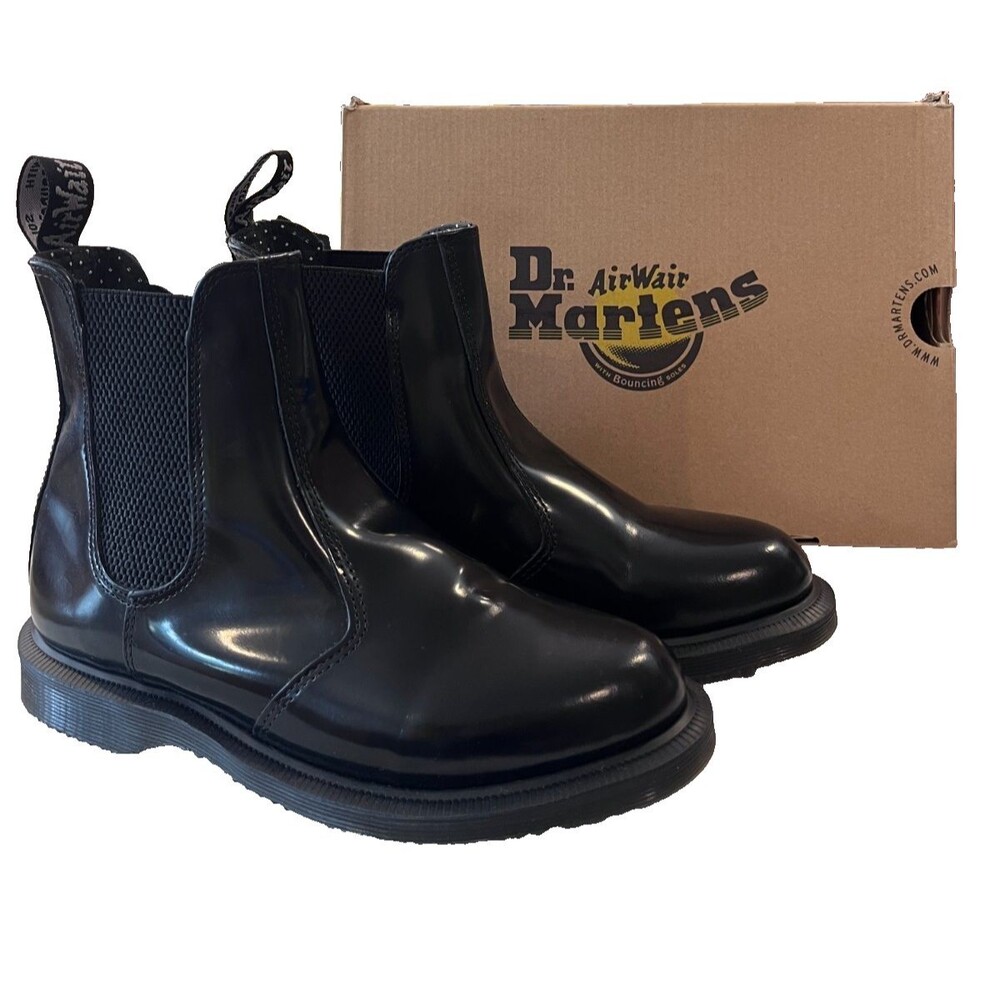 DR. MARTENS Size 7 Flora Chelsea Boot BLACK Polished Smooth LEATHER NEW in Box